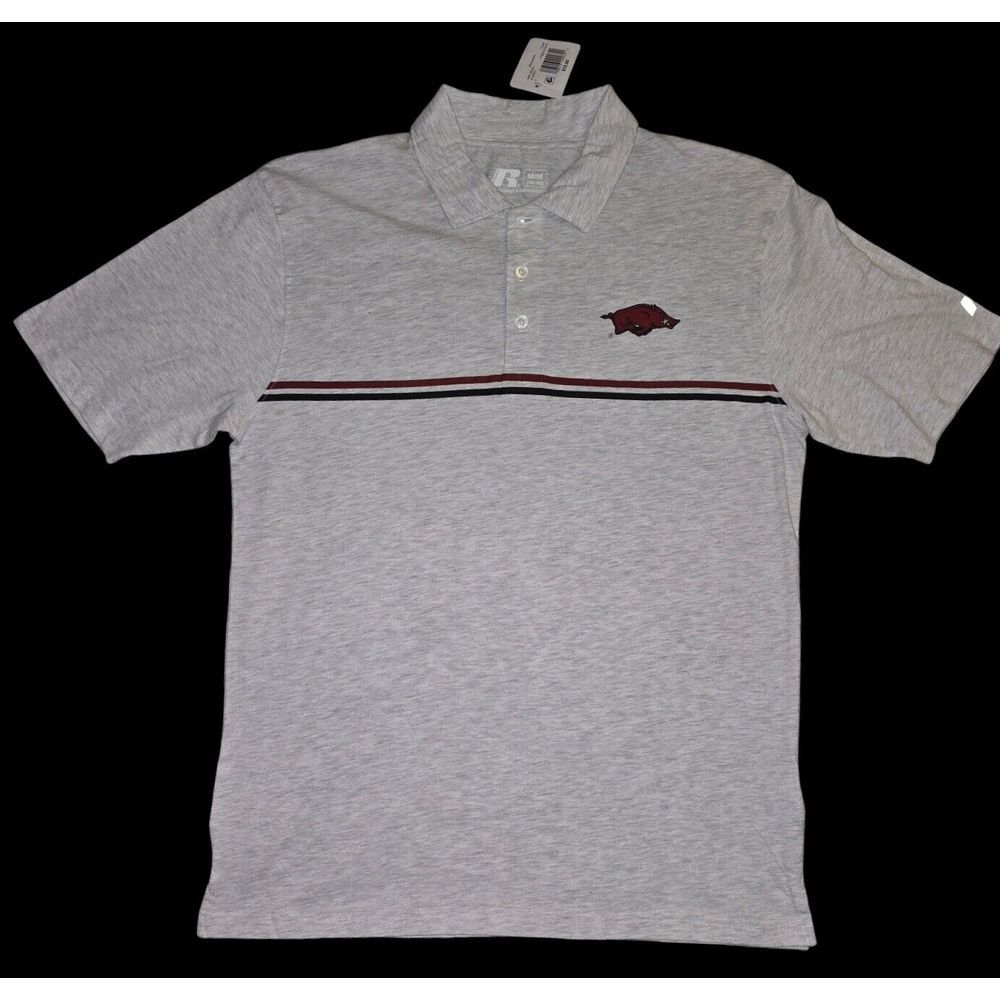 ARKANSAS RAZORBACKS Logo‎ Men's Heather Gray Short Sleeve Golf Polo M Russell